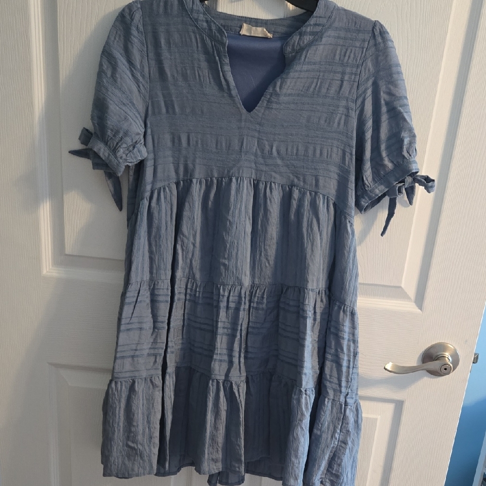 Altar'd State Blue Tiered Dress with Bow Sleeves